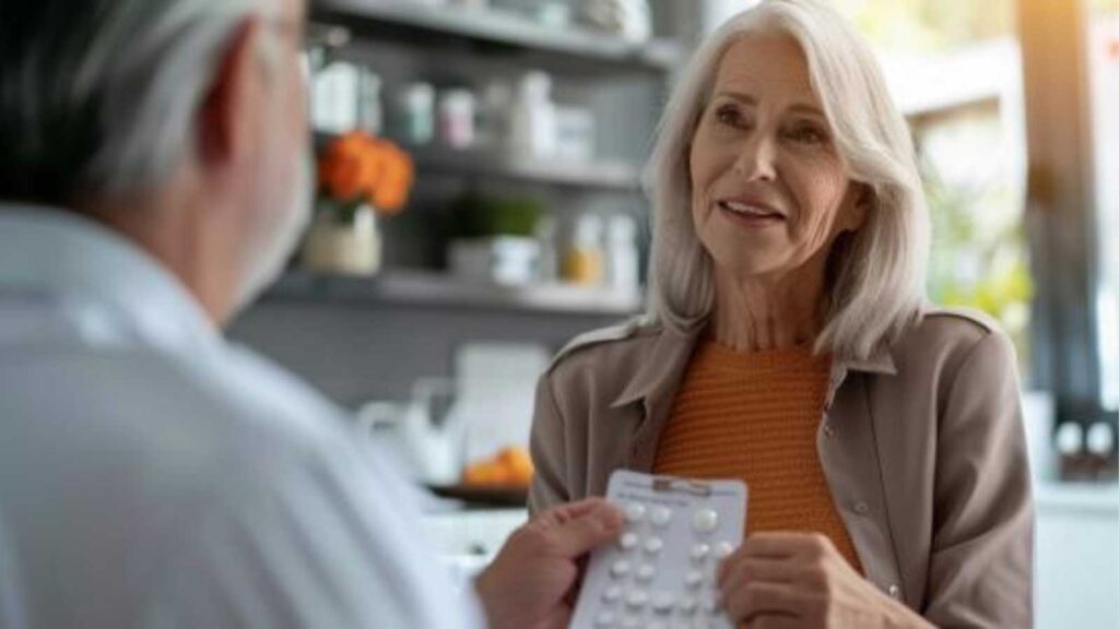  A woman in her late 50s happily receiving a sheet of menopause hormone treatment pills from her doctor