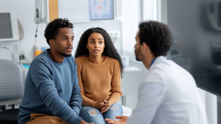 a man and woman consulting with a fertility specialists regarding the signs and symptoms of infertility